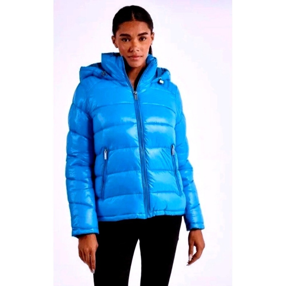 Guess Womens Electric Blue Hooded Puffer Jacket Glossy Quilted Coat Small